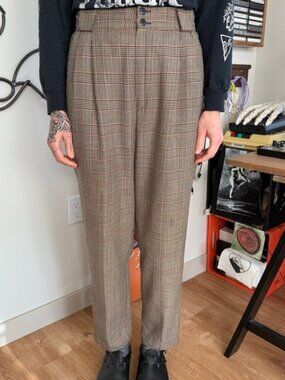 Vintage 90s Earthy Houndstooth Plaid High Waisted Pleated Trousers ~ 27 X 27
